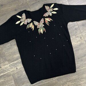 Vintage Sequin Sweater Butterfly Fairy Kei Black Women‎ OSFA USA Made Acrylic